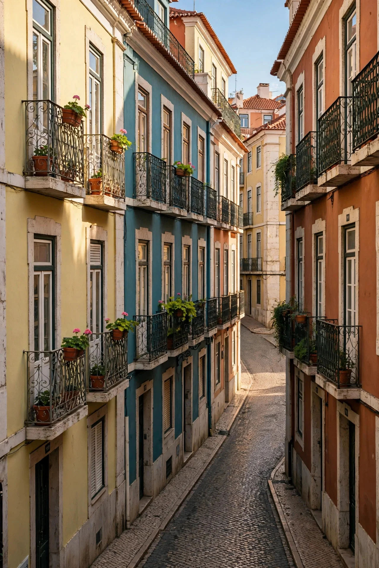 Colorful historic street with flower-covered balconies in Lisbon, Portugal
