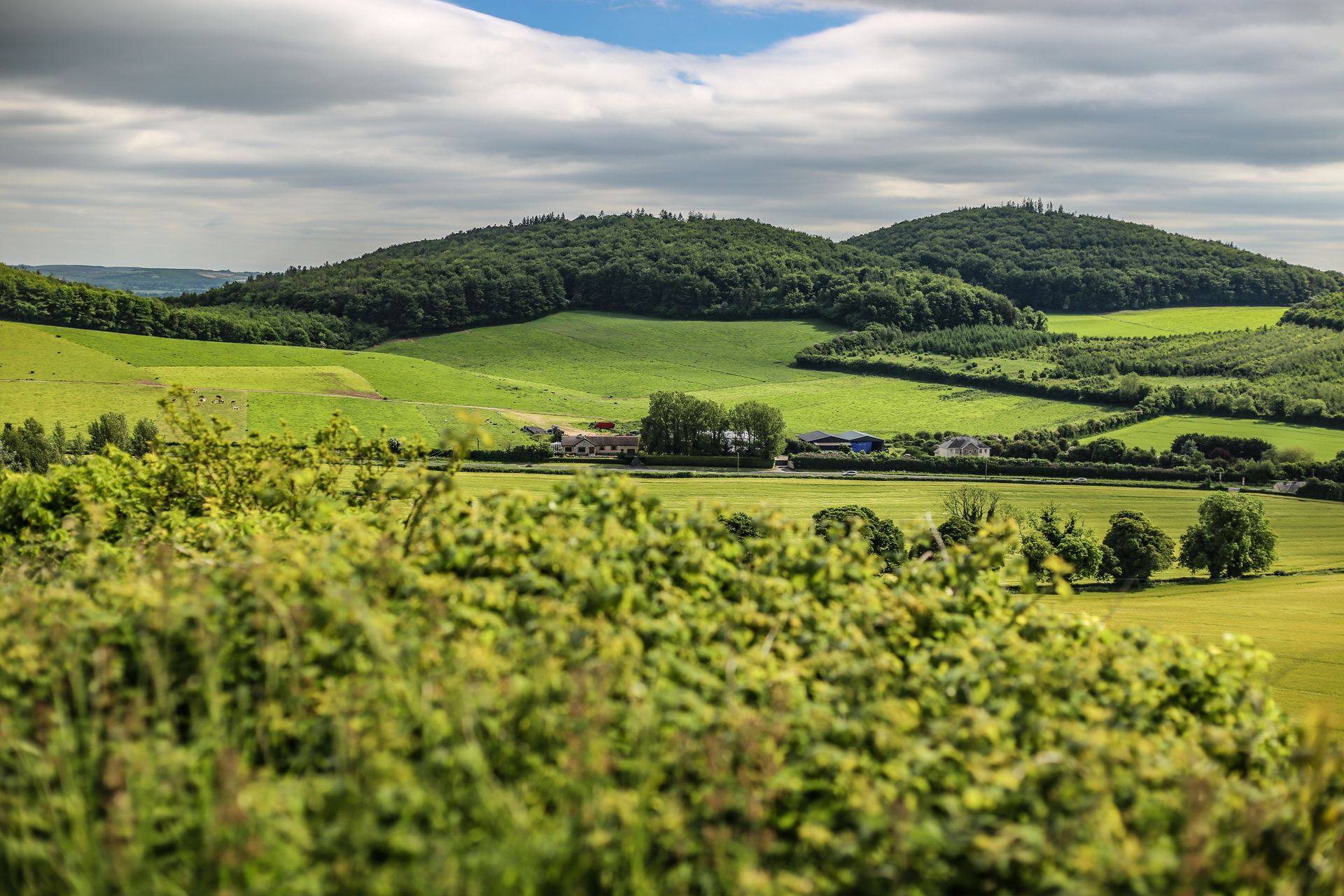 Lush green rolling hills of Dunamaise, Ireland under a cloudy sky