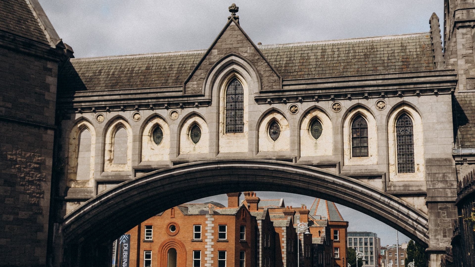 Historic bridge and old buildings in Dublin city centre, Ireland