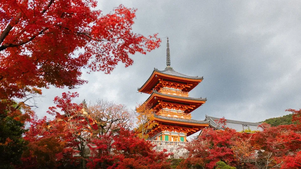 Kiyomizu-dera Temple surrounded by vibrant autumn foliage (16:9)