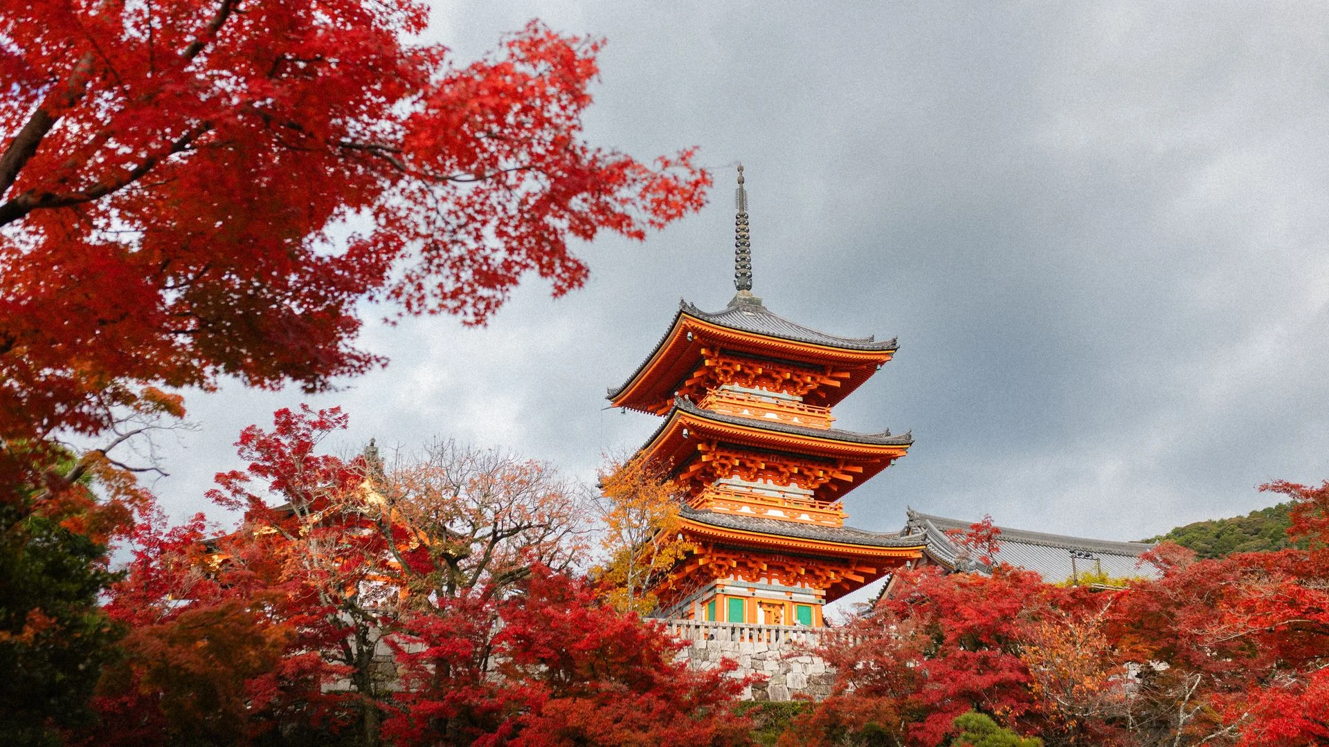 Kiyomizu-dera Temple surrounded by vibrant autumn foliage (16:9)