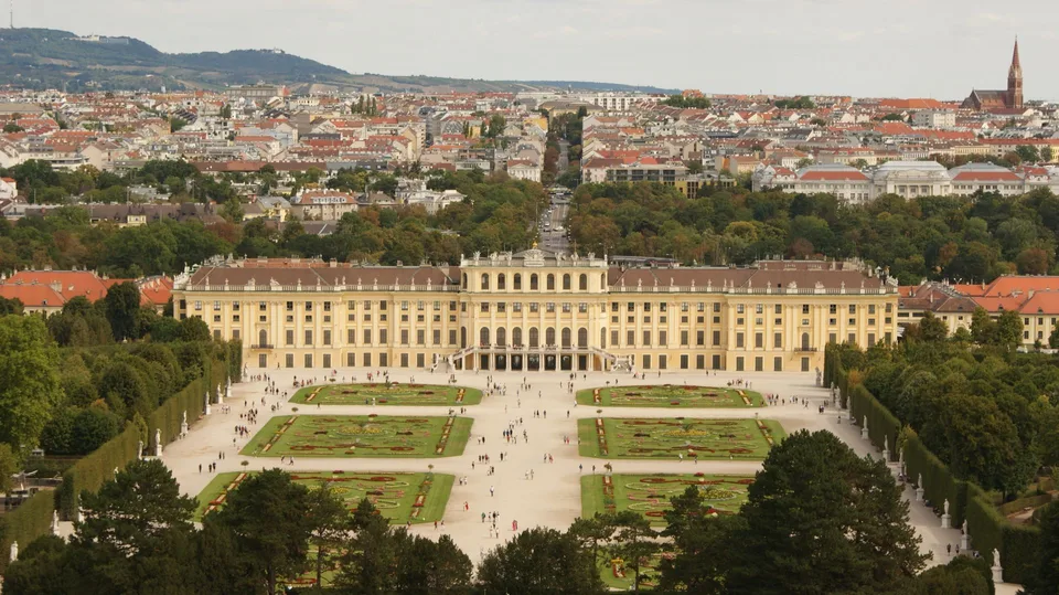 Aerial view of Schönbrunn Palace and its gardens in Vienna